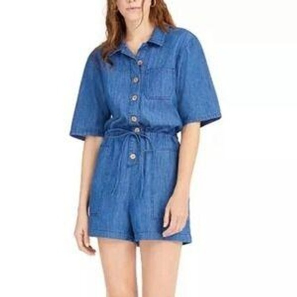 OAT 47O New York Womens Medium Wash Denim Button Front Utility Romper Size Large